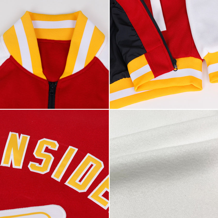 Custom White Kelly Green-Red Bomber Varsity Letterman Zipper Jacket