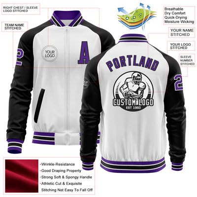 Custom White Purple-Black Bomber Varsity Letterman Two Tone Zipper Jacket