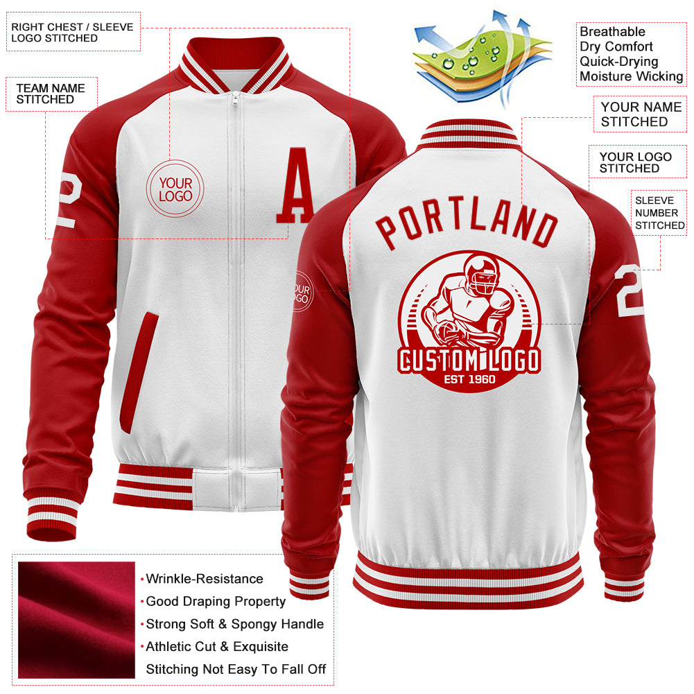 Custom White Red Bomber Varsity Letterman Two Tone Zipper Jacket