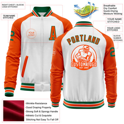 Custom White Kelly Green-Orange Bomber Varsity Letterman Two Tone Zipper Jacket