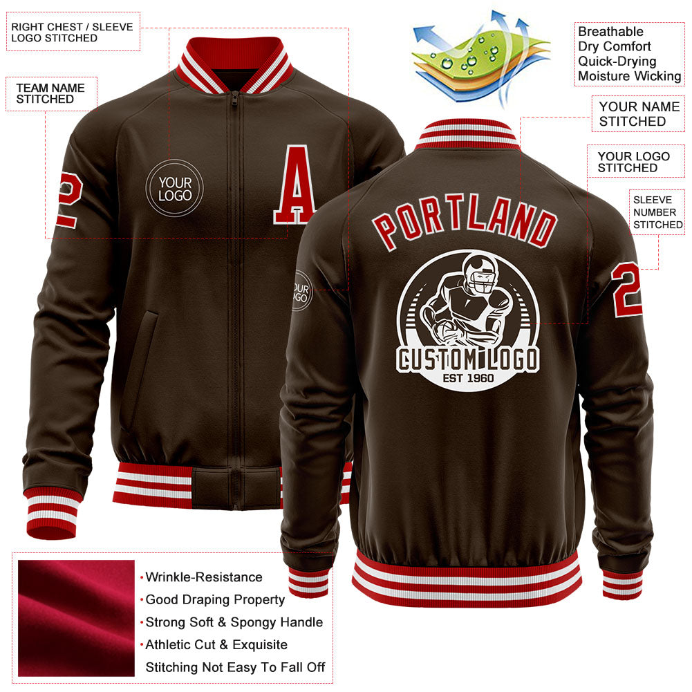 Custom Brown Red-White Bomber Varsity Letterman Zipper Jacket