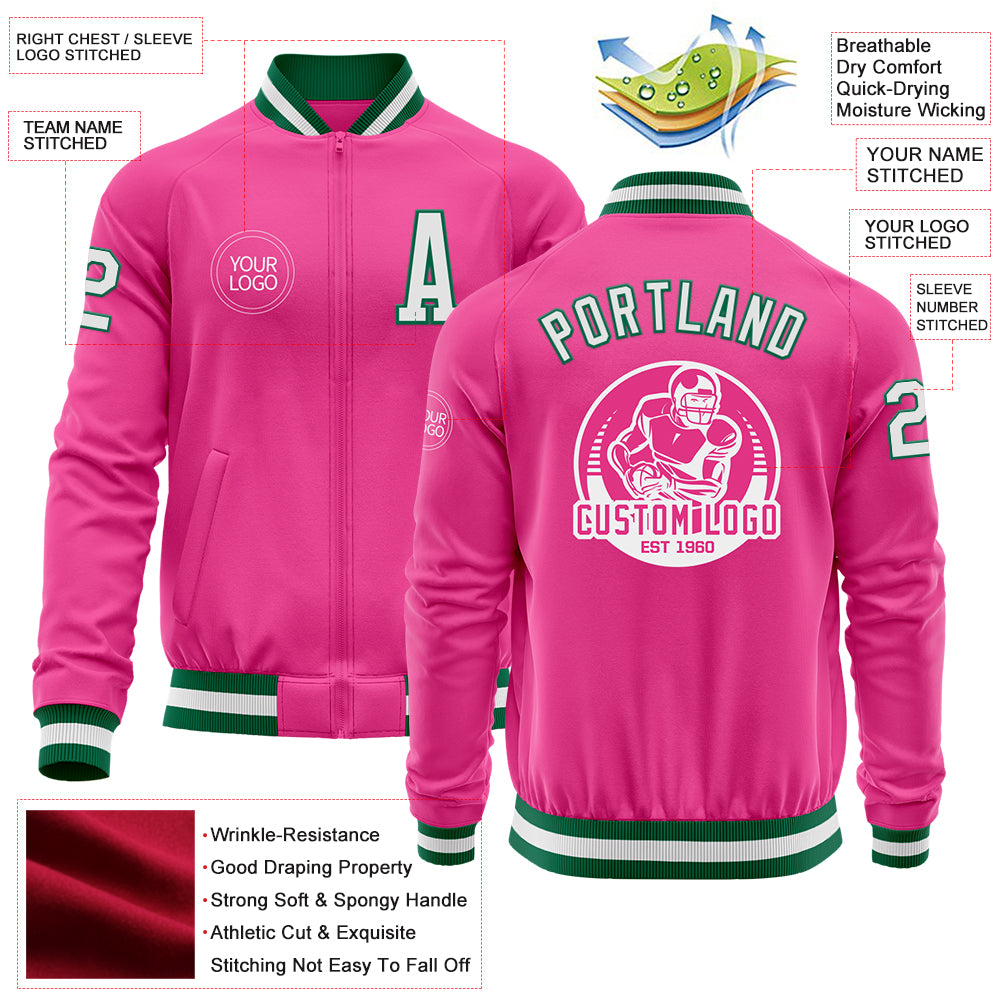 Custom Pink White-Kelly Green Bomber Varsity Letterman Zipper Jacket