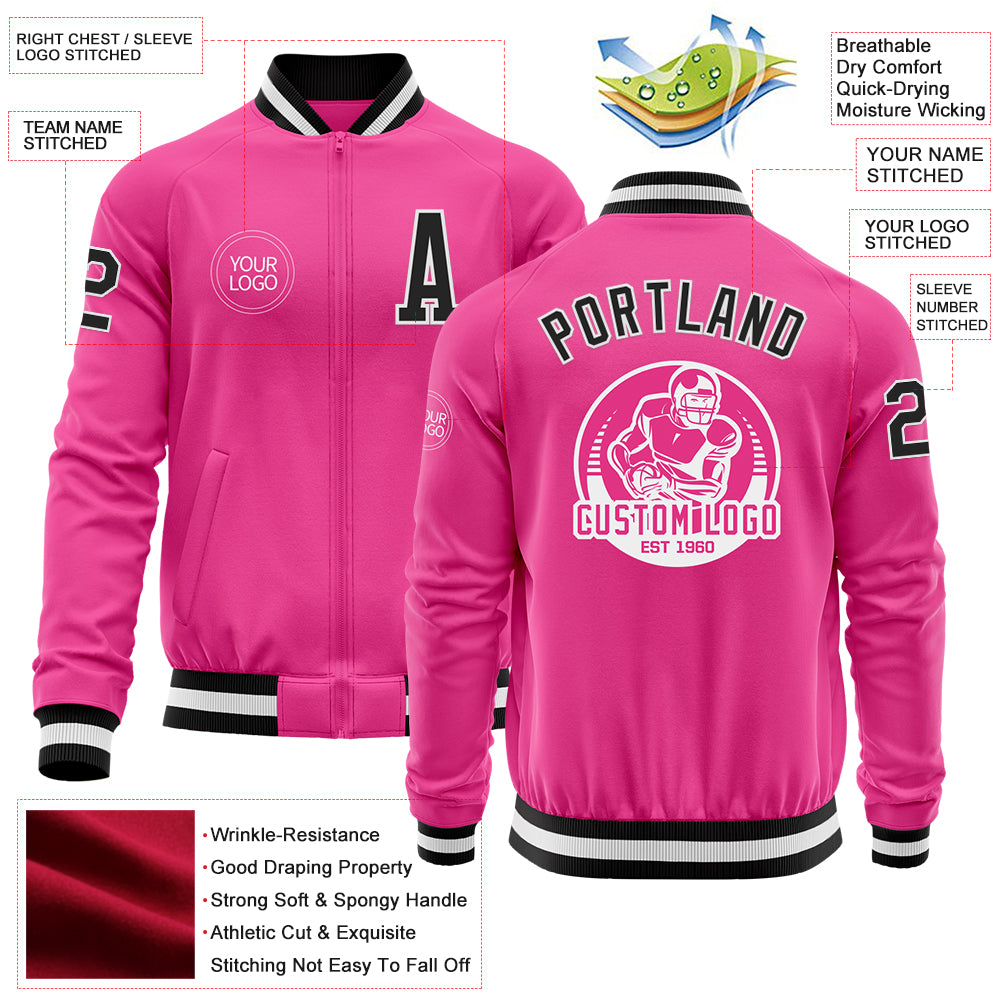 Custom Pink Black-White Bomber Varsity Letterman Zipper Jacket