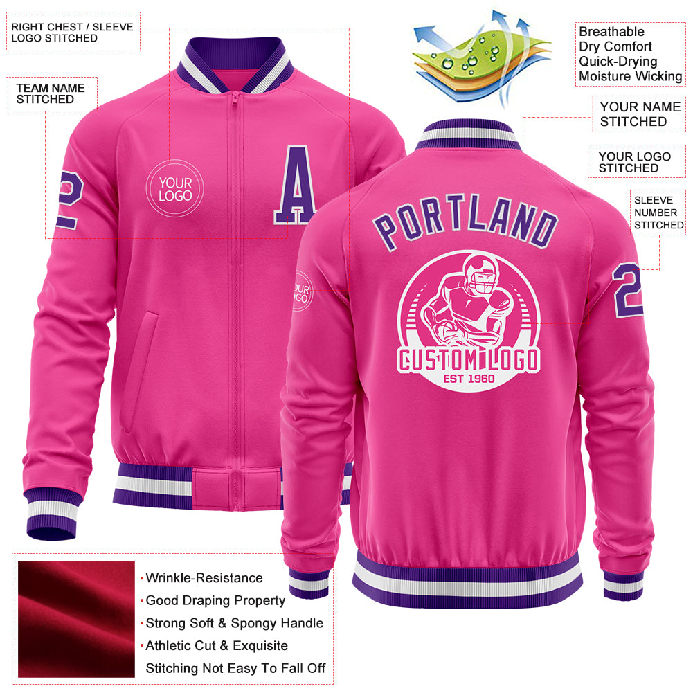 Custom Pink Purple-White Bomber Varsity Letterman Zipper Jacket