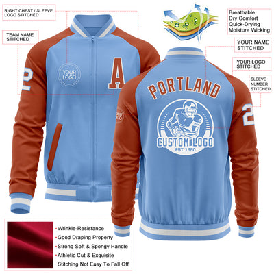 Custom Light Blue White-Texas Orange Bomber Varsity Letterman Two Tone Zipper Jacket