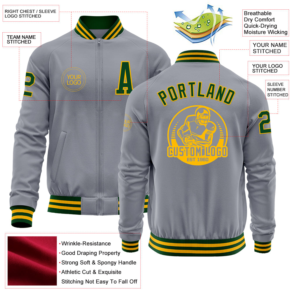 Custom Gray Green-Gold Bomber Varsity Letterman Zipper Jacket