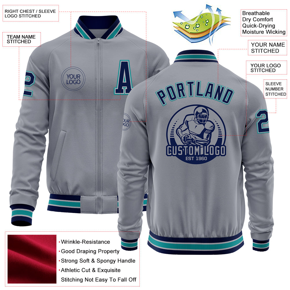 Custom Gray Navy-Teal Bomber Varsity Letterman Zipper Jacket