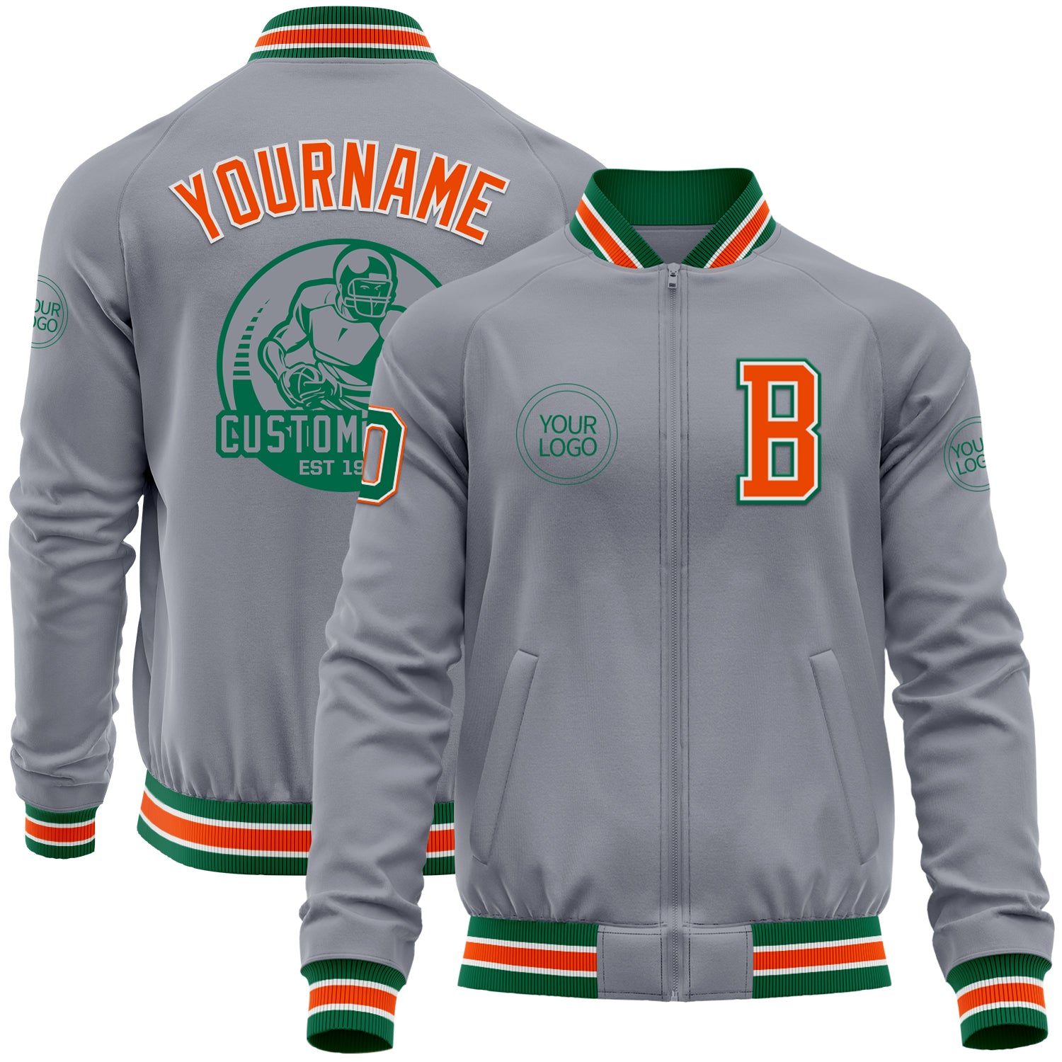 Custom Gray Kelly Green-Orange Bomber Varsity Letterman Zipper Jacket