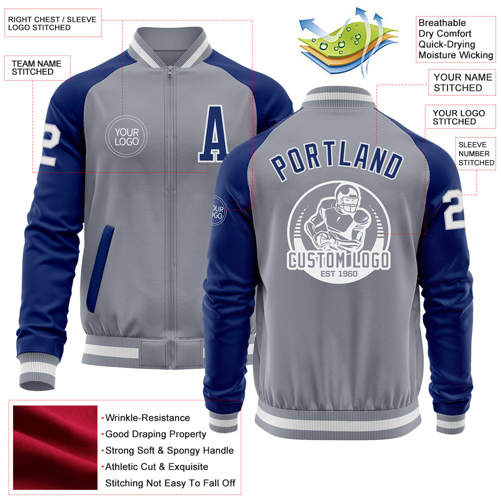 Custom Gray White-Royal Bomber Varsity Letterman Two Tone Zipper Jacket