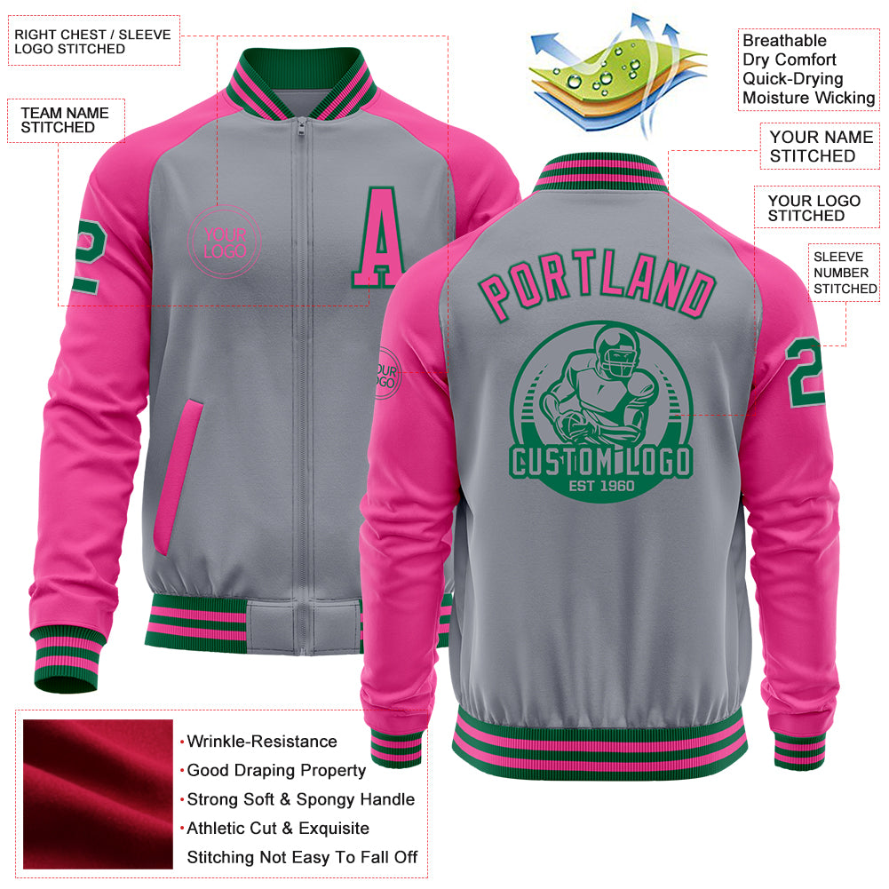Custom Gray Kelly Green-Pink Bomber Varsity Letterman Two Tone Zipper Jacket