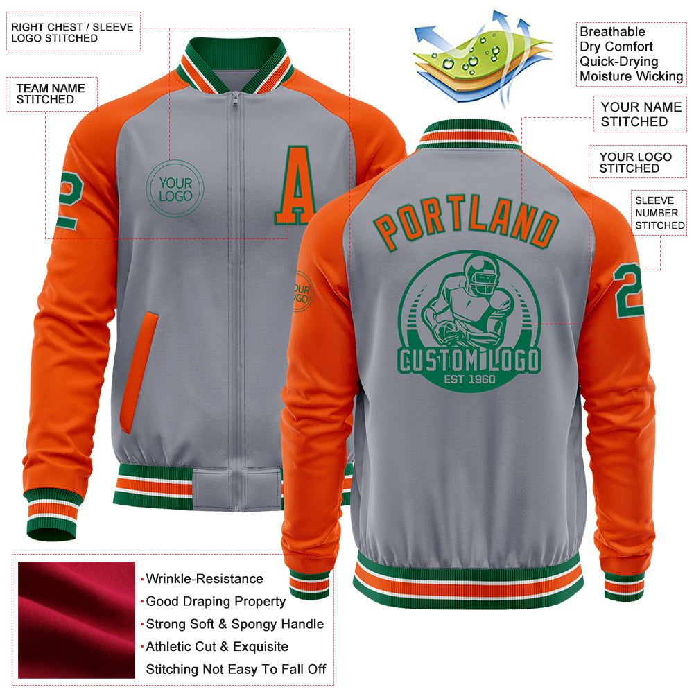 Custom Gray Kelly Green-Orange Bomber Varsity Letterman Two Tone Zipper Jacket