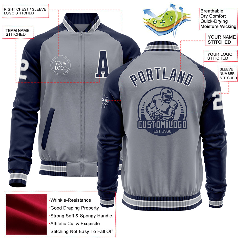 Custom Gray White-Navy Varsity Letterman Two Tone Zipper Jacket
