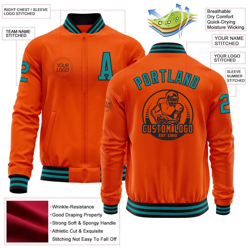 Custom Orange Teal-Black Bomber Varsity Letterman Zipper Jacket