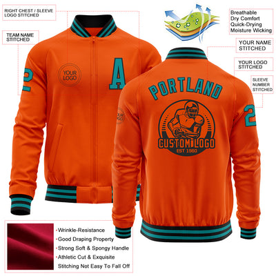Custom Orange Teal-Black Bomber Varsity Letterman Zipper Jacket