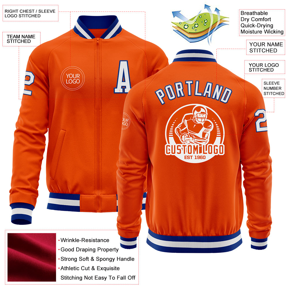Custom Orange White-Royal Bomber Varsity Letterman Zipper Jacket