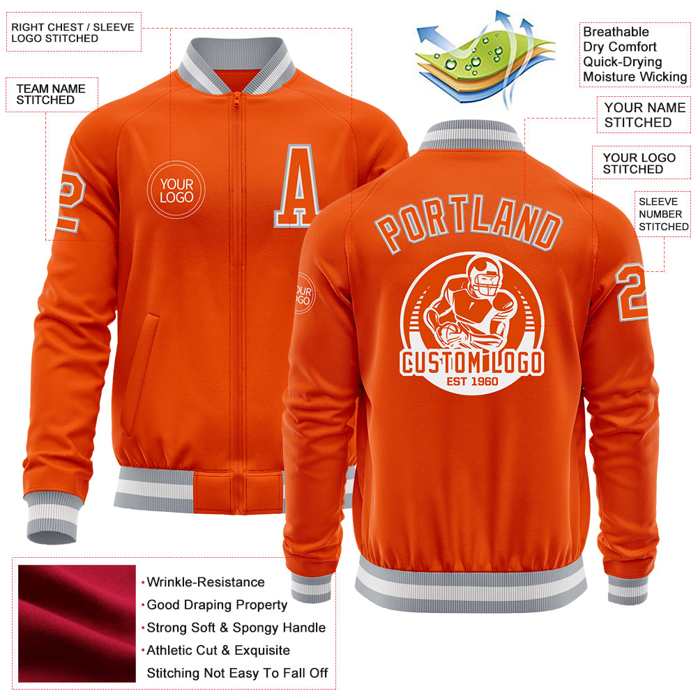 Custom Orange White-Gray Bomber Varsity Letterman Zipper Jacket