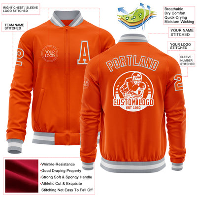 Custom Orange White-Gray Bomber Varsity Letterman Zipper Jacket