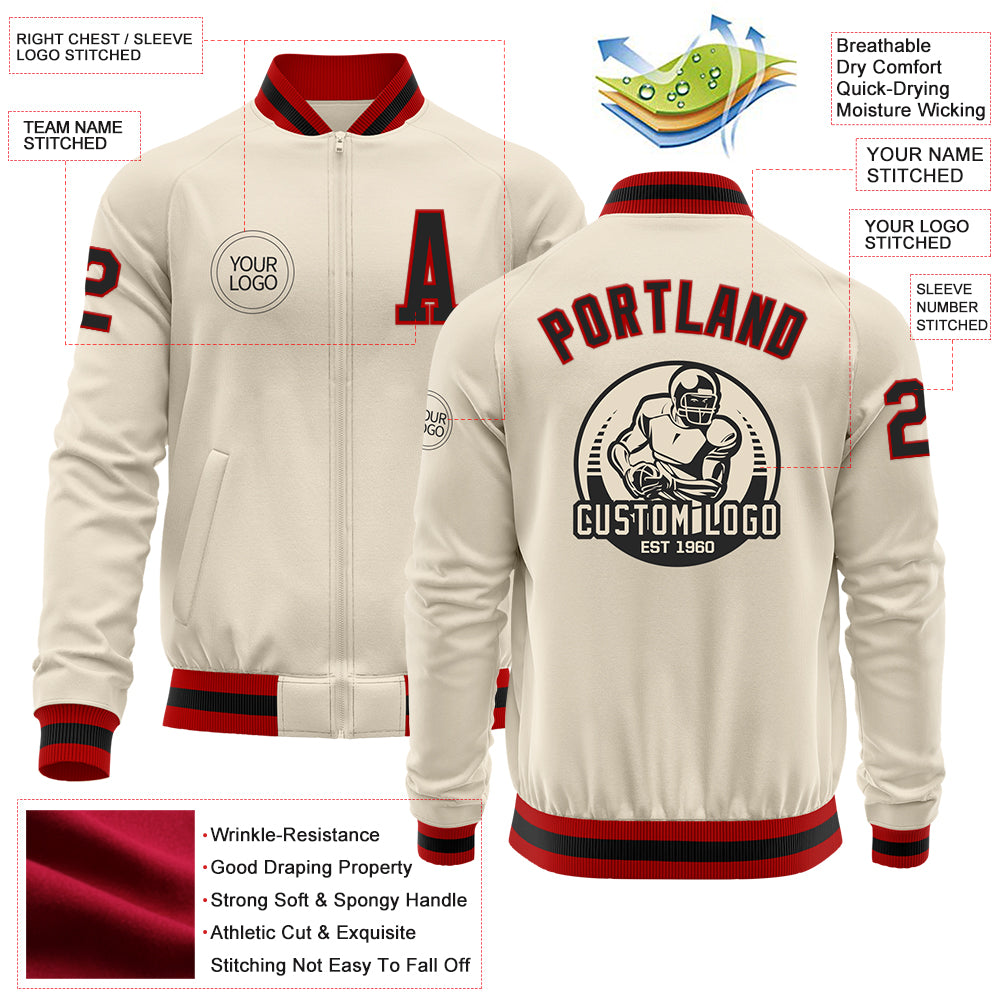 Custom Cream Black-Red Bomber Varsity Letterman Zipper Jacket