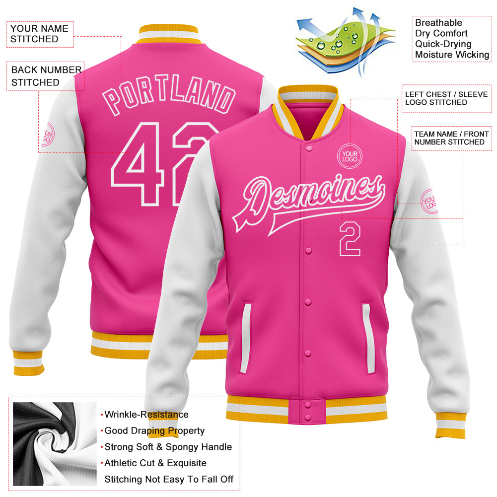 Custom Pink Gold-White Bomber Full-Snap Varsity Letterman Two Tone Jacket