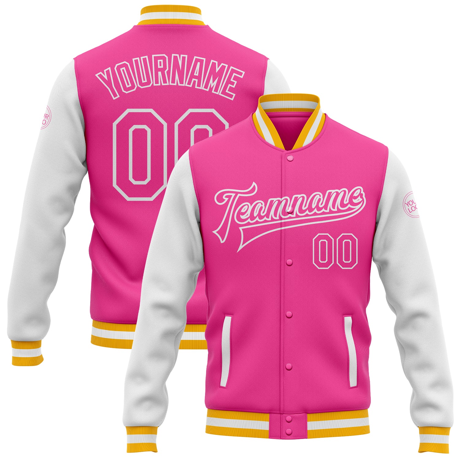 Custom Pink Gold-White Bomber Full-Snap Varsity Letterman Two Tone Jacket