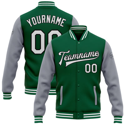 Custom Kelly Green White Gray-Black Bomber Full-Snap Varsity Letterman Two Tone Jacket