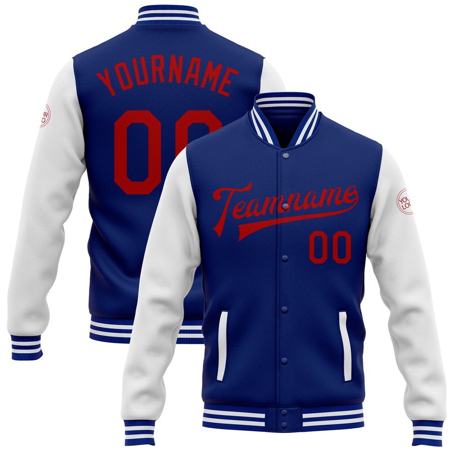 Custom Royal Red-White Bomber Full-Snap Varsity Letterman Two Tone Jacket
