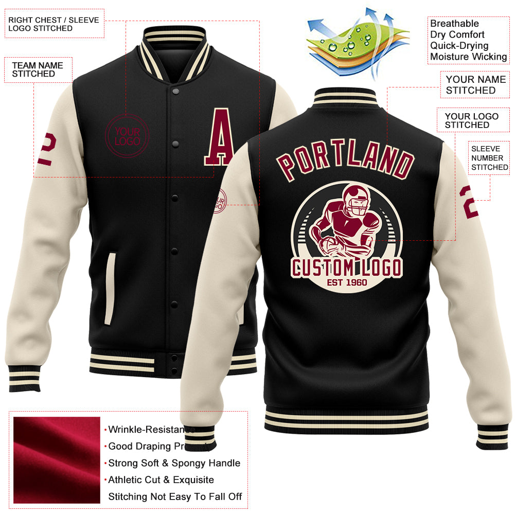 Custom Black Maroon-Cream Bomber Full-Snap Varsity Letterman Two Tone Jacket