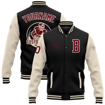 Custom Black Maroon-Cream Bomber Full-Snap Varsity Letterman Two Tone Jacket