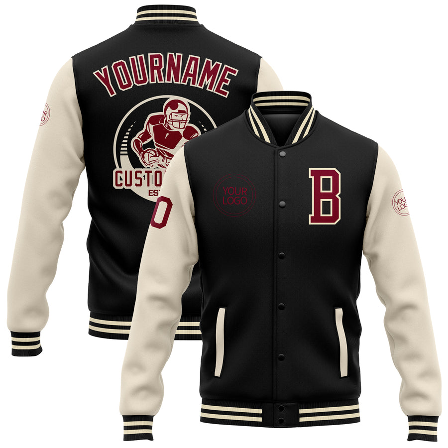 Custom Black Maroon-Cream Bomber Full-Snap Varsity Letterman Two Tone Jacket