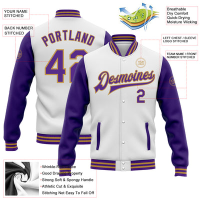 Custom White Purple-Old Gold Bomber Full-Snap Varsity Letterman Two Tone Jacket