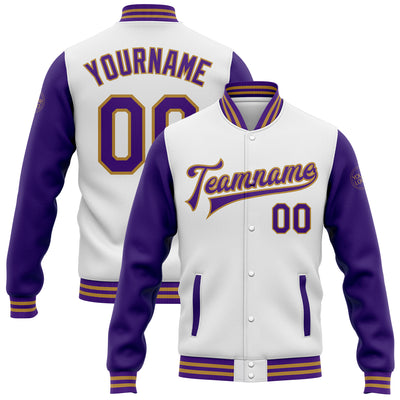 Custom White Purple-Old Gold Bomber Full-Snap Varsity Letterman Two Tone Jacket