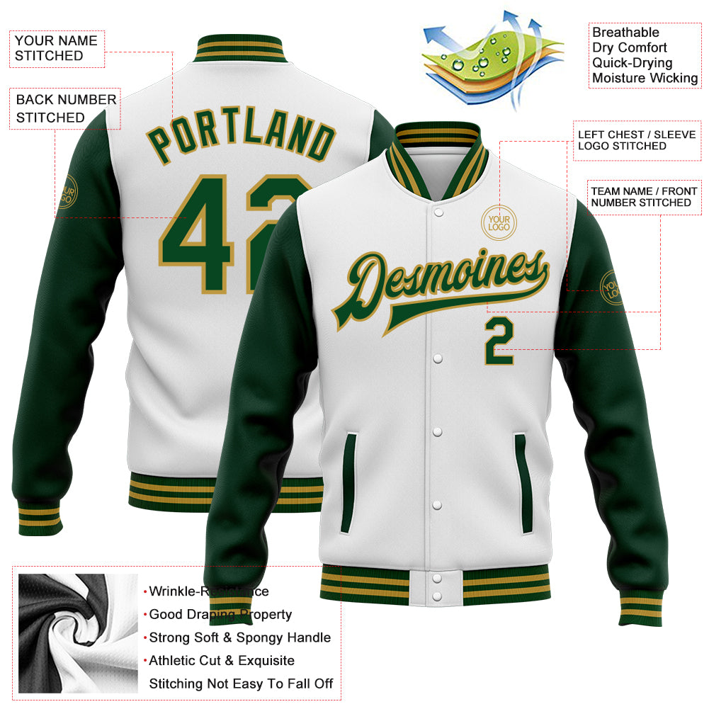 Custom White Green-Old Gold Bomber Full-Snap Varsity Letterman Two Tone Jacket