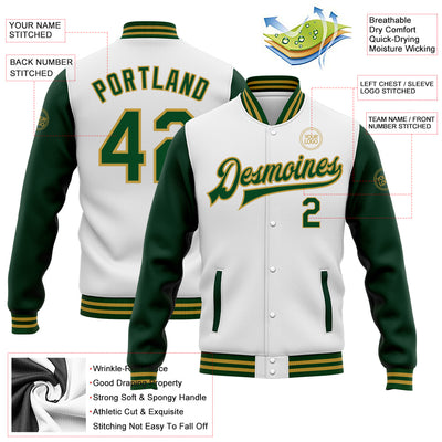 Custom White Green-Old Gold Bomber Full-Snap Varsity Letterman Two Tone Jacket