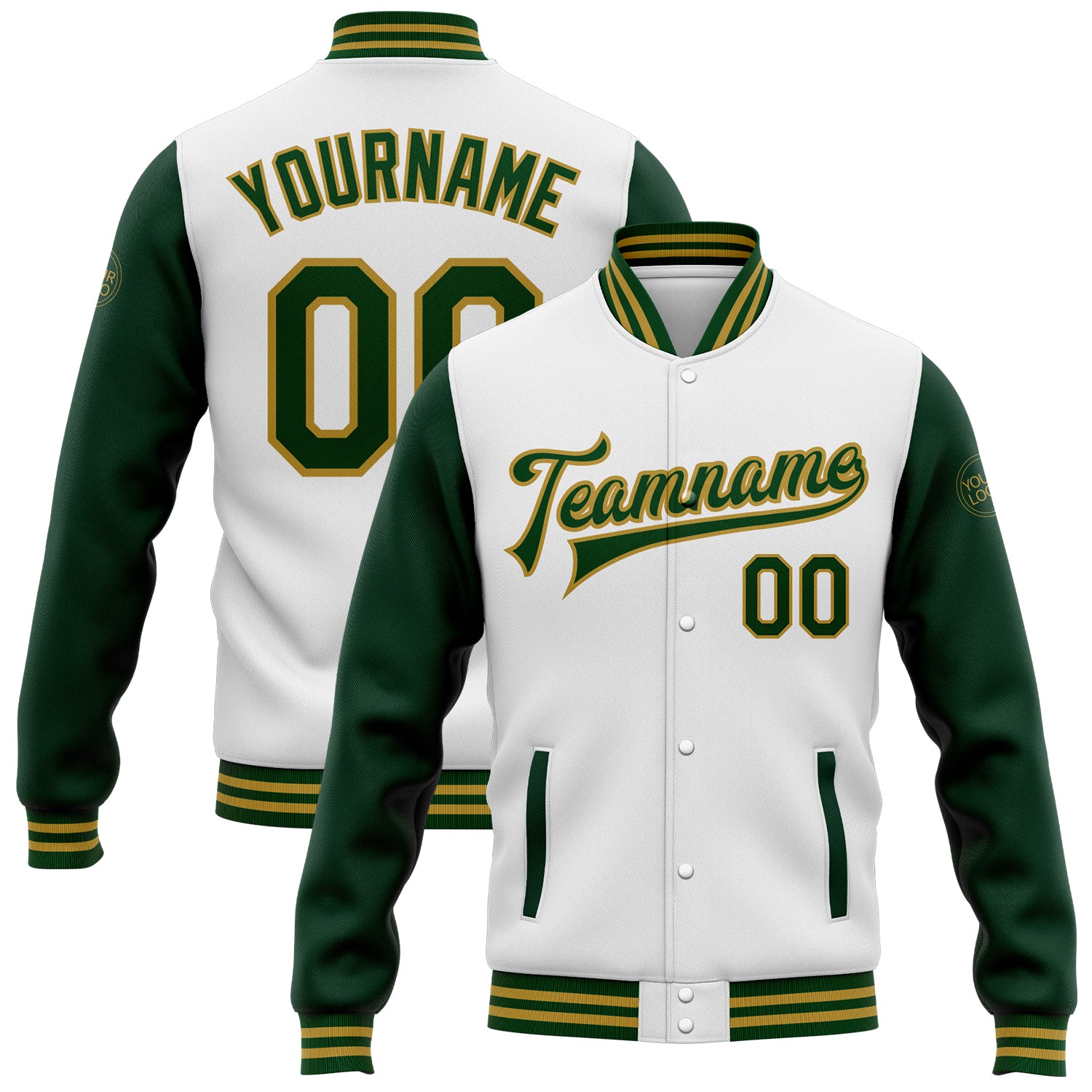Custom White Green-Old Gold Bomber Full-Snap Varsity Letterman Two Tone Jacket