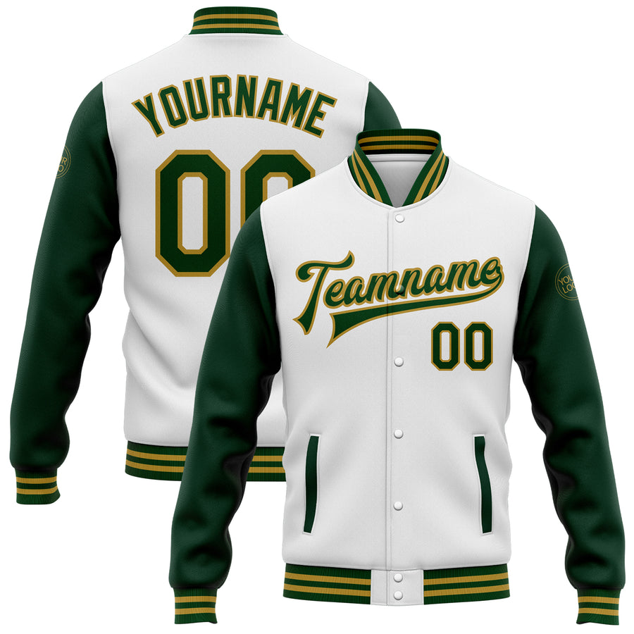 Custom White Green-Old Gold Bomber Full-Snap Varsity Letterman Two Tone Jacket
