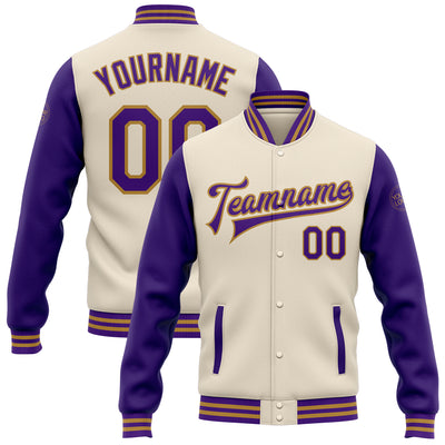 Custom Cream Purple-Old Gold Bomber Full-Snap Varsity Letterman Two Tone Jacket