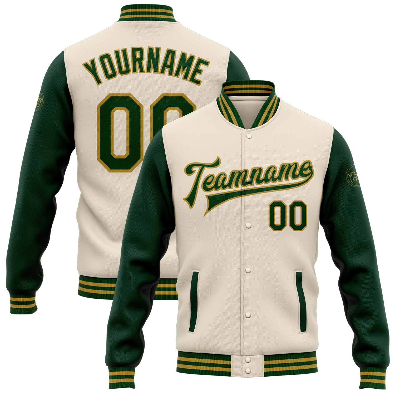 Custom Cream Green-Old Gold Bomber Full-Snap Varsity Letterman Two Tone Jacket