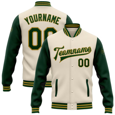 Custom Cream Green-Old Gold Bomber Full-Snap Varsity Letterman Two Tone Jacket
