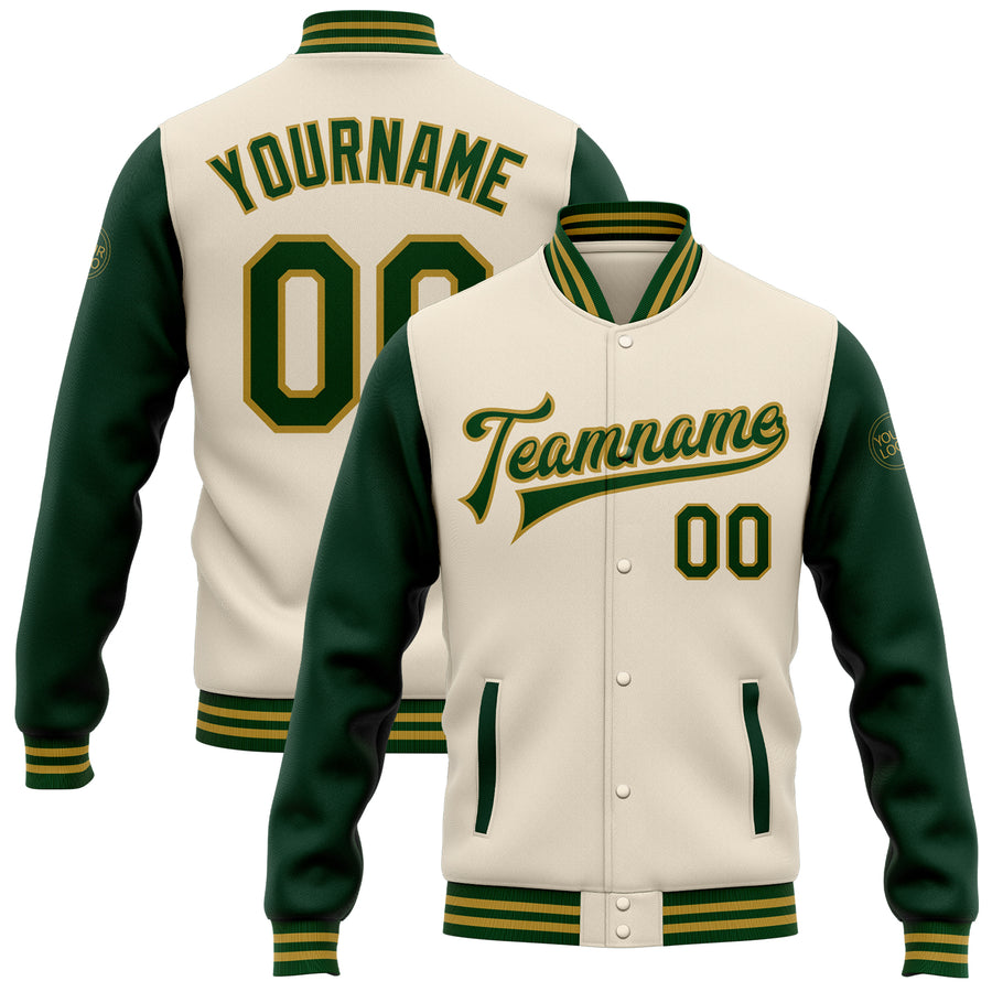 Custom Cream Green-Old Gold Bomber Full-Snap Varsity Letterman Two Tone Jacket