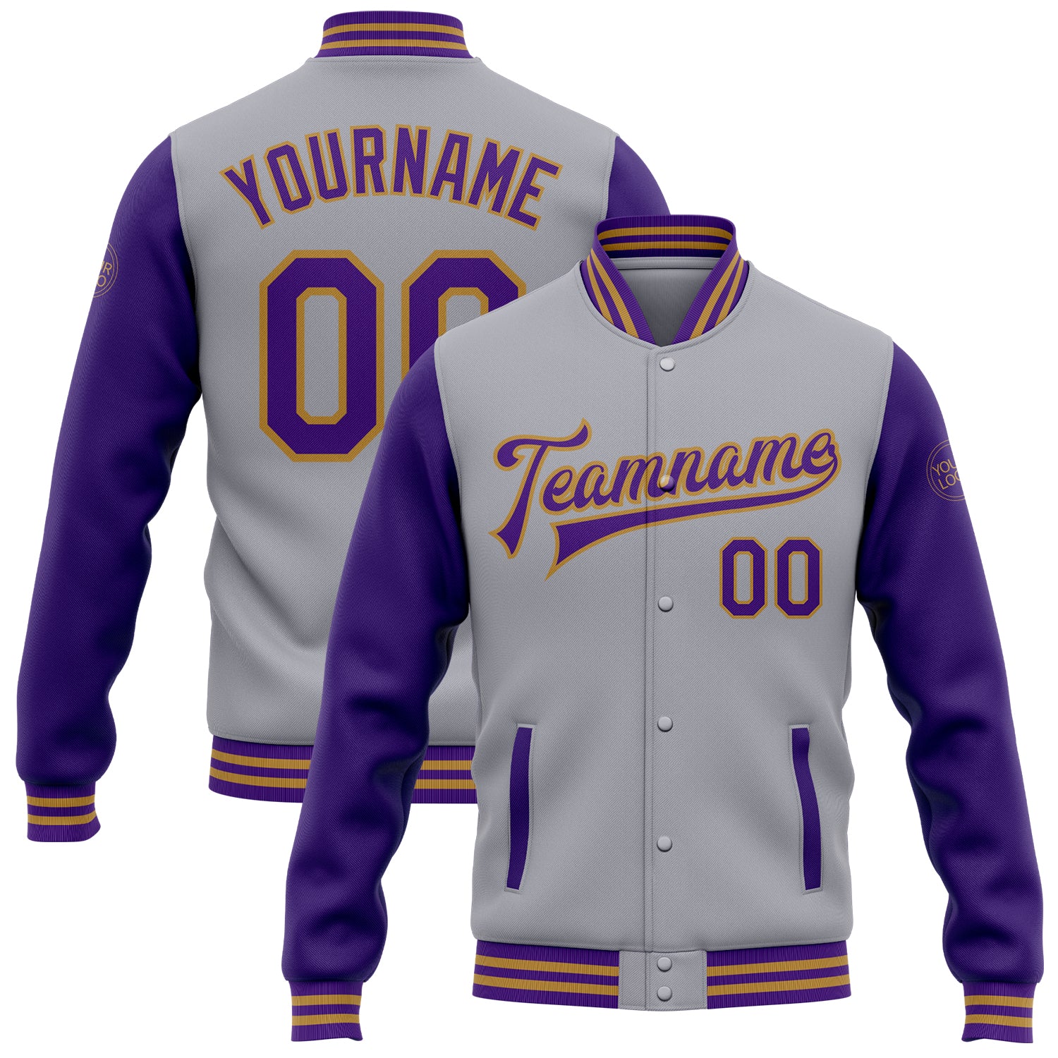 Custom Gray Purple-Old Gold Bomber Full-Snap Varsity Letterman Two Tone Jacket