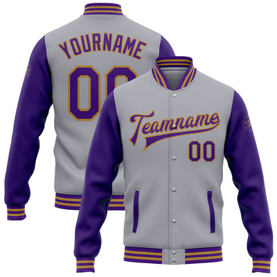 Custom Gray Purple-Old Gold Bomber Full-Snap Varsity Letterman Two Tone Jacket