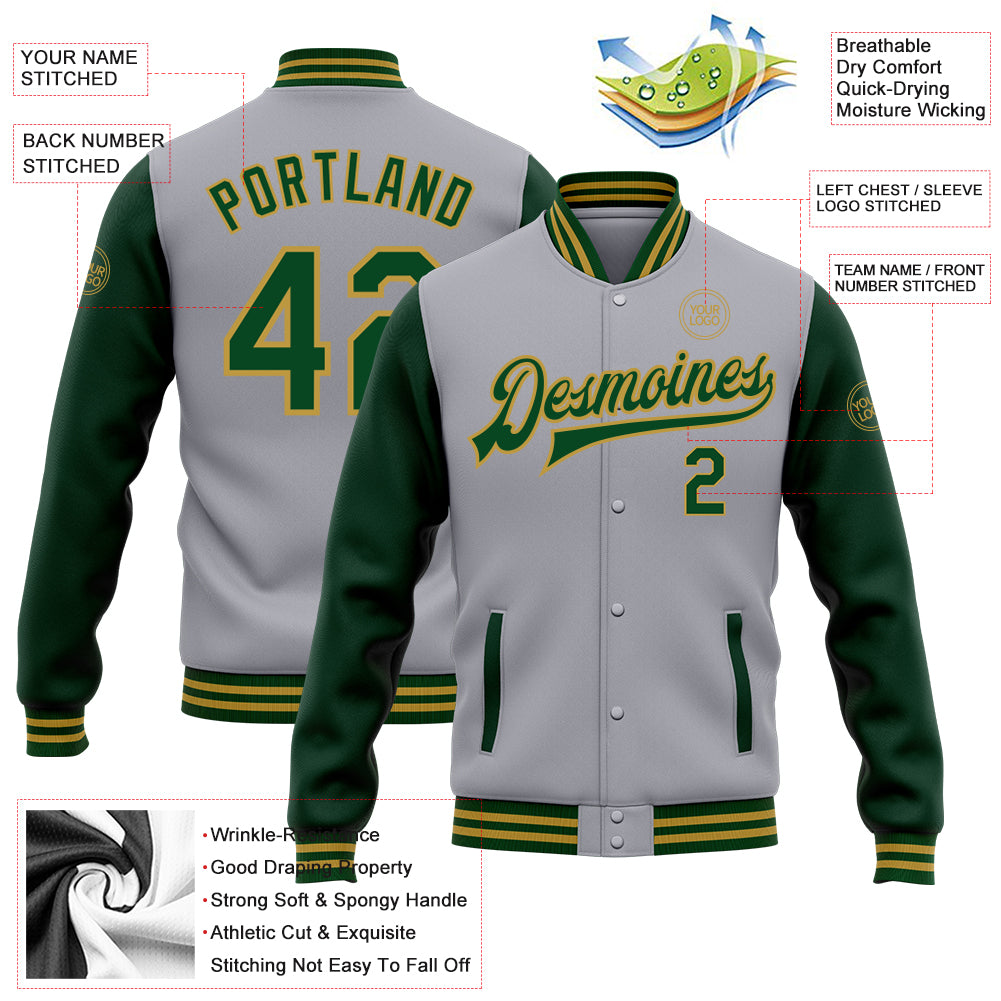 Custom Gray Green-Old Gold Bomber Full-Snap Varsity Letterman Two Tone Jacket