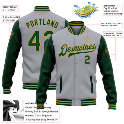 Custom Gray Green-Old Gold Bomber Full-Snap Varsity Letterman Two Tone Jacket