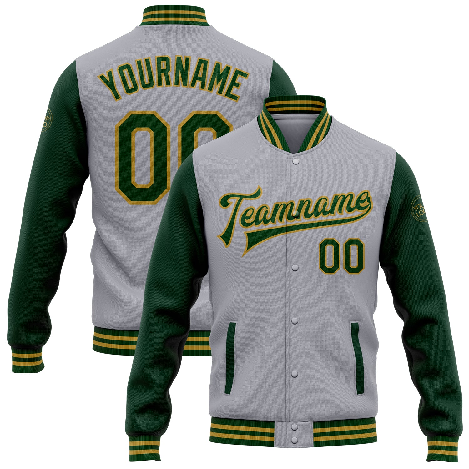 Custom Gray Green-Old Gold Bomber Full-Snap Varsity Letterman Two Tone Jacket