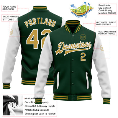 Custom Green Old Gold-White Bomber Full-Snap Varsity Letterman Two Tone Jacket