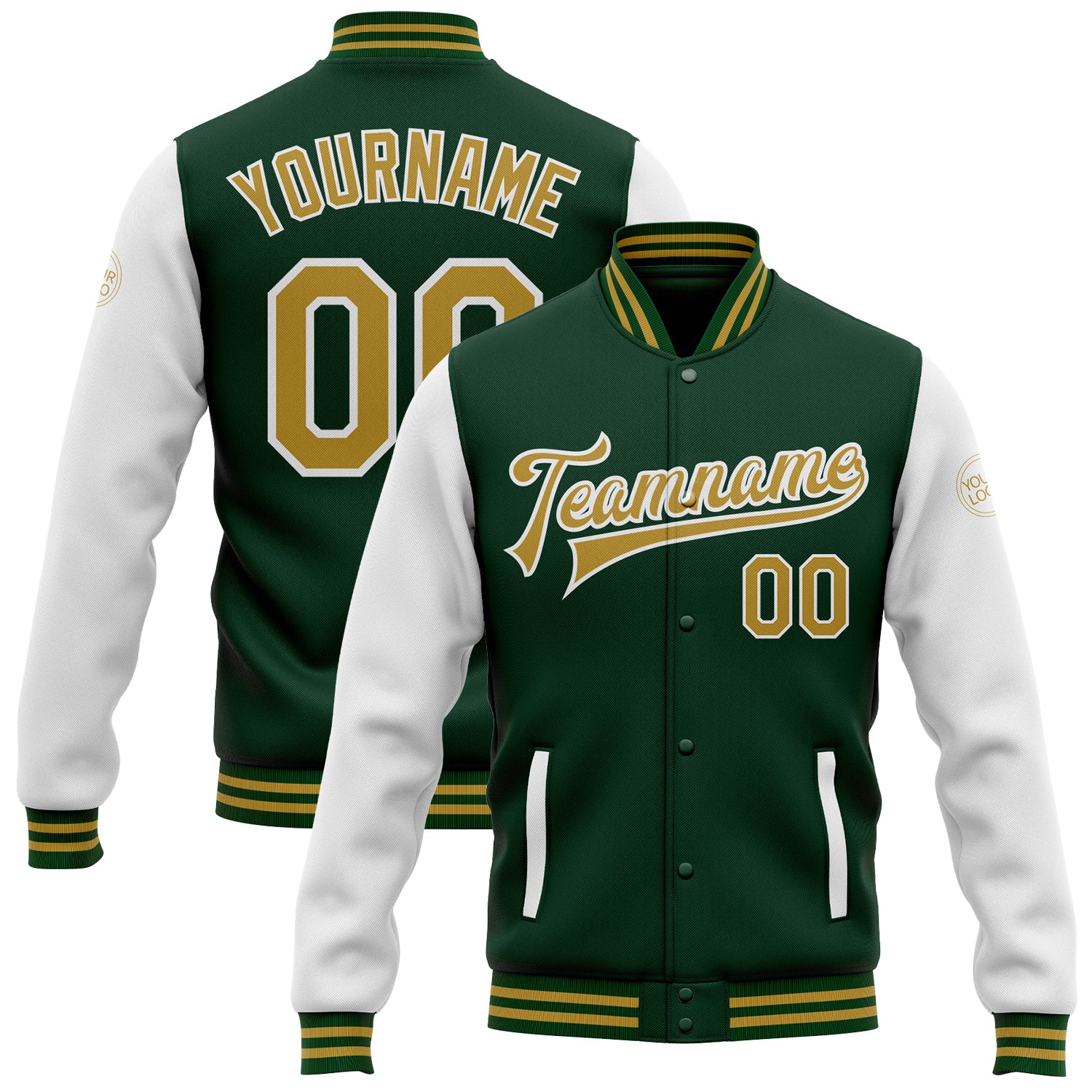 Custom Green Old Gold-White Bomber Full-Snap Varsity Letterman Two Tone Jacket