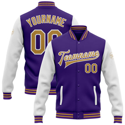 Custom Purple Old Gold-White Bomber Full-Snap Varsity Letterman Two Tone Jacket