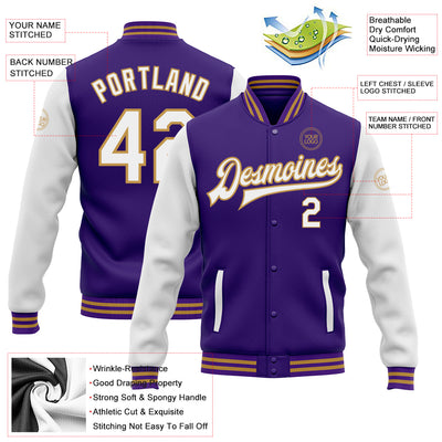 Custom Purple White-Old Gold Bomber Full-Snap Varsity Letterman Two Tone Jacket
