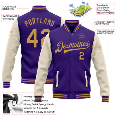 Custom Purple Old Gold-Cream Bomber Full-Snap Varsity Letterman Two Tone Jacket