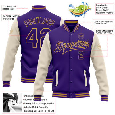 Custom Purple Cream-Old Gold Bomber Full-Snap Varsity Letterman Two Tone Jacket